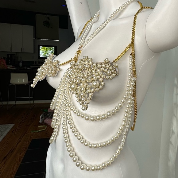Mermaid Pearl Rhinestone & Gold Chain Jewelry Top fits B-D cup Handmade Unique - Picture 5 of 15